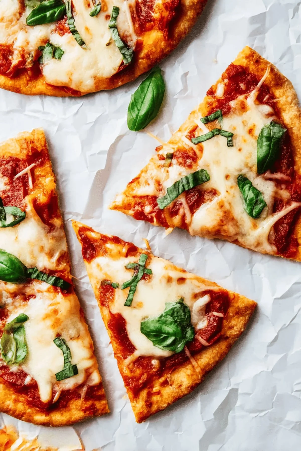 Homemade pita pizzas topped with fresh vegetables and cheese.