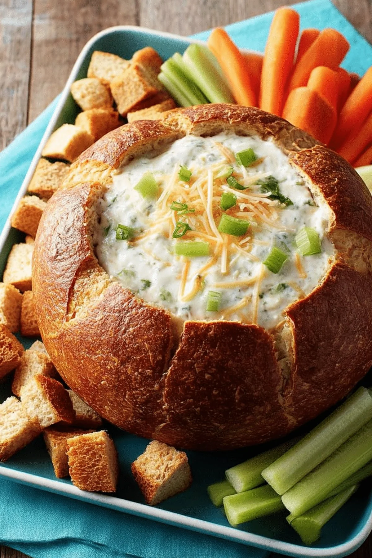 Pretzel bread bowl filled with creamy cheese dip
