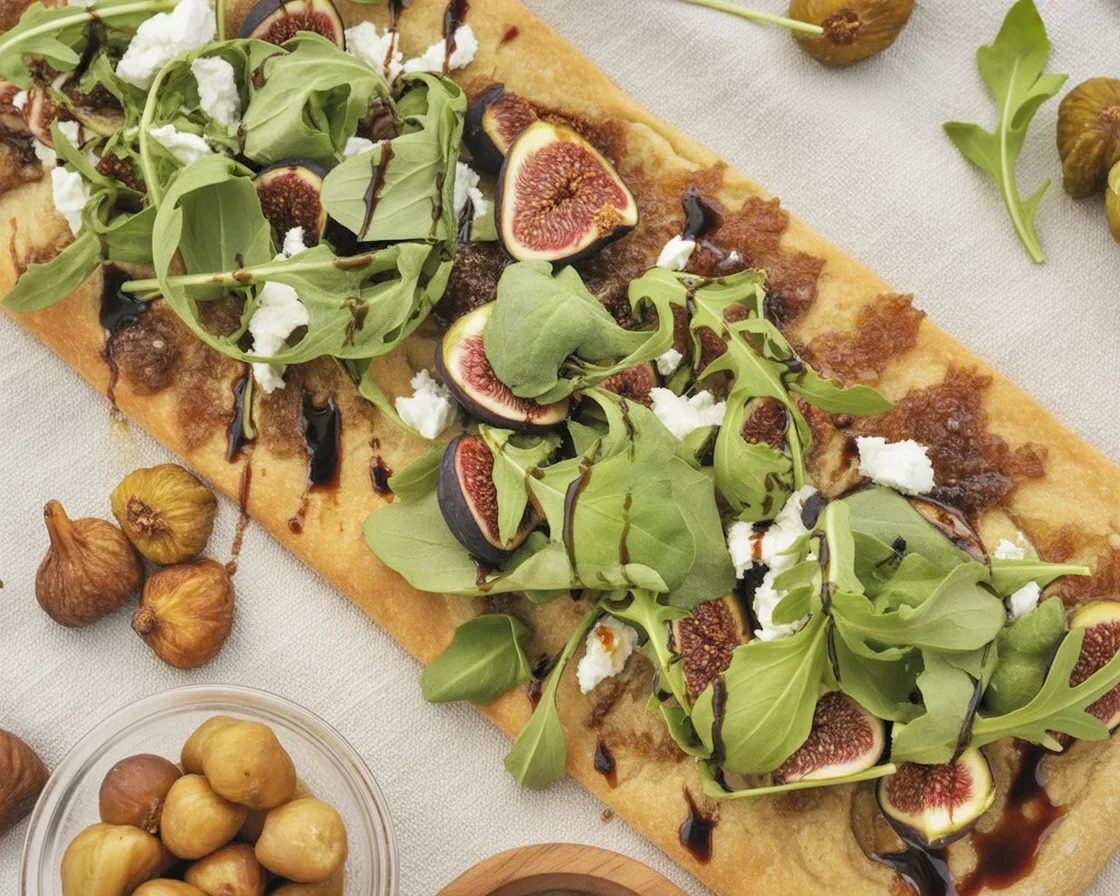 Prosciutto, fig, arugula, and goat cheese flatbread garnished with balsamic reduction.