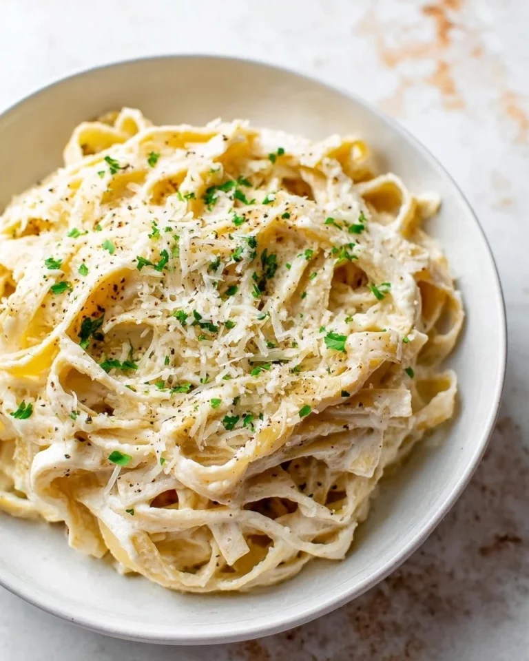 Homemade quick and easy Alfredo sauce in a bowl with pasta