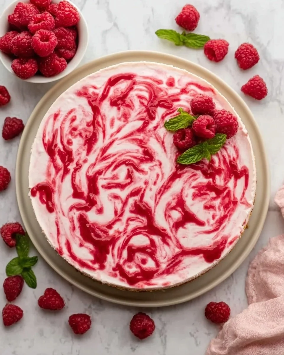 Delicious homemade raspberry cheesecake topped with fresh raspberries