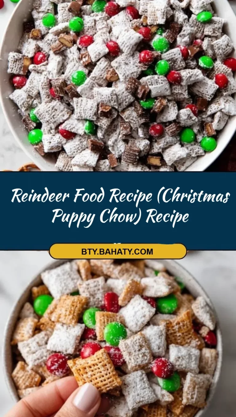 Reindeer food recipe featuring Christmas Puppy Chow in a festive bowl.