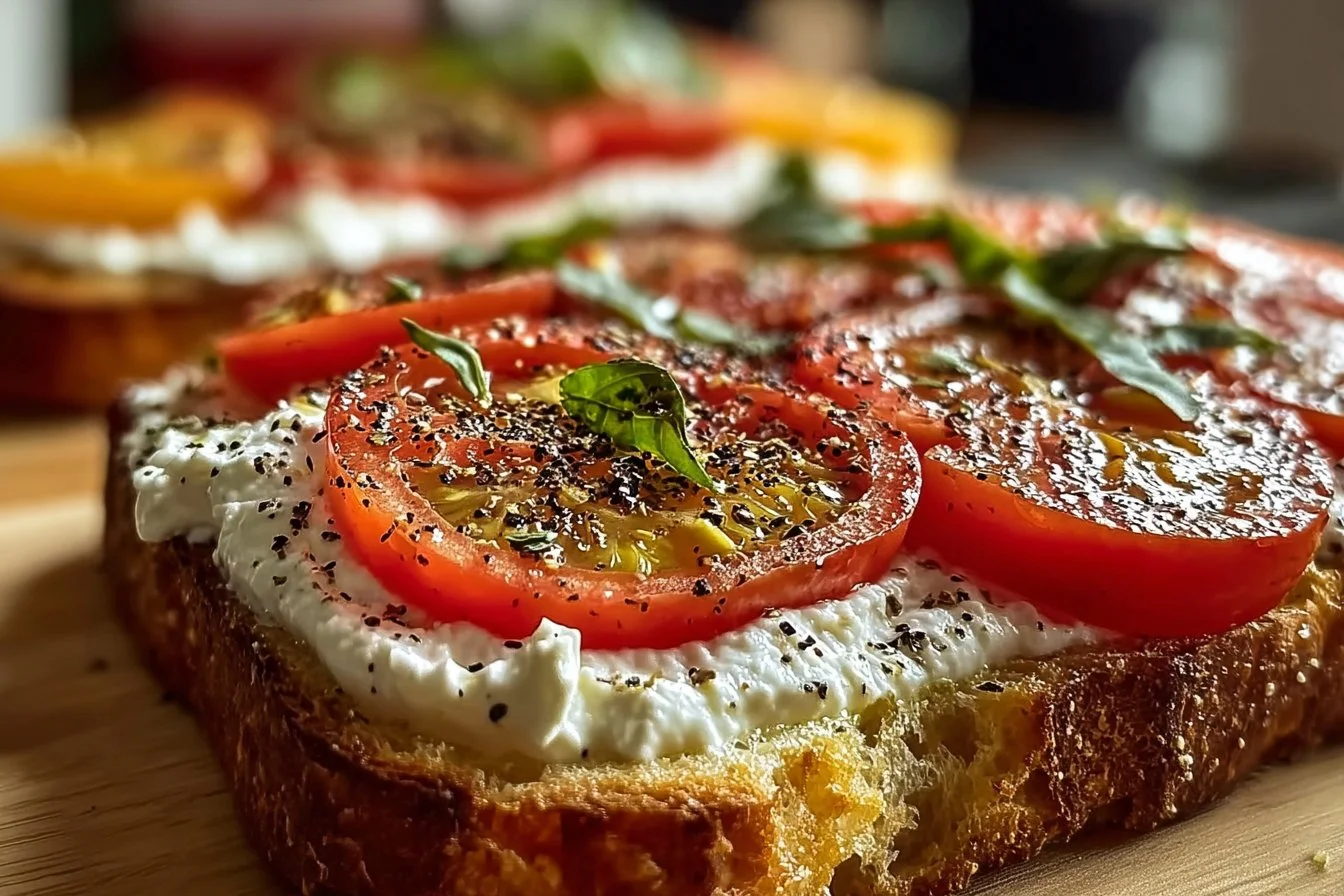 A delicious Ricotta Tomato Sourdough Toast topped with fresh tomatoes and basil.