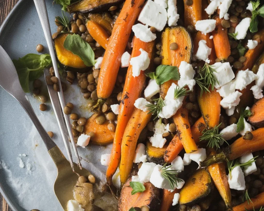 Roasted beet and carrot salad with feta and yogurt dressing served in a bowl