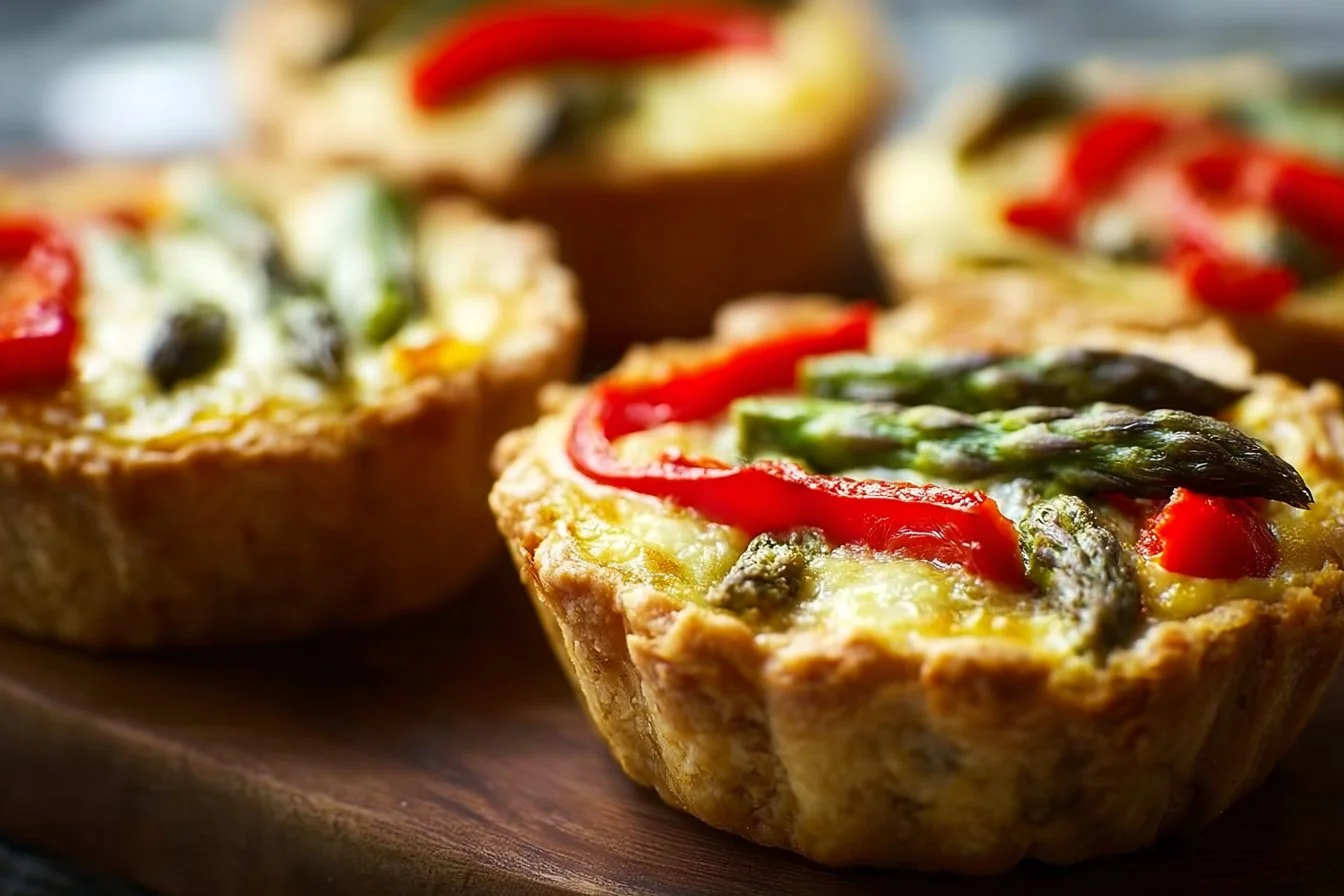 Roasted Red Pepper Asparagus Mini Tarts topped with vibrant vegetables