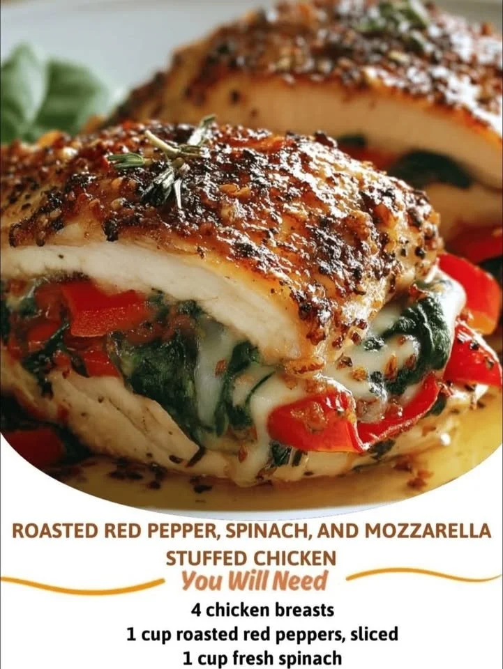 Roasted red pepper, spinach, and mozzarella stuffed chicken breast on a plate