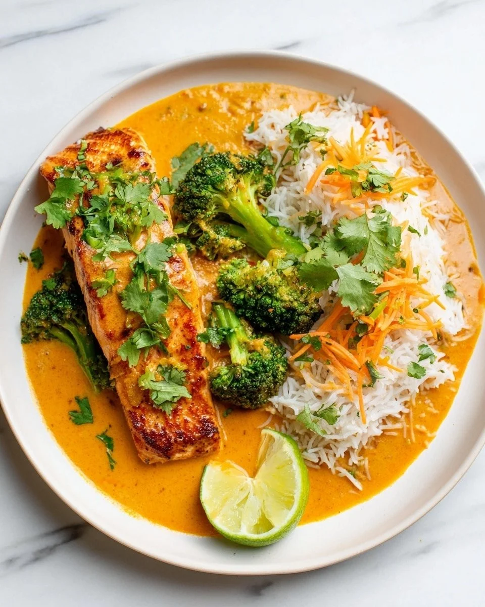 Bowl of Salmon Coconut Curry with fresh herbs and coconut milk