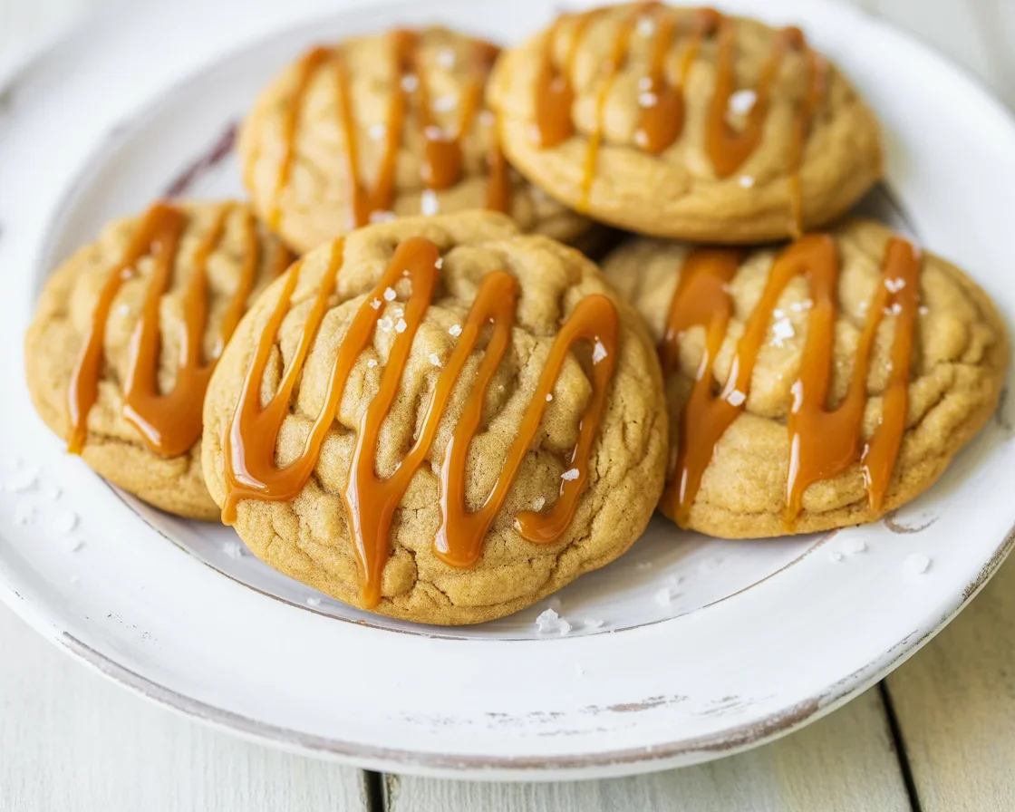 Soft chewy salted caramel cookies with sea salt and caramel drizzle