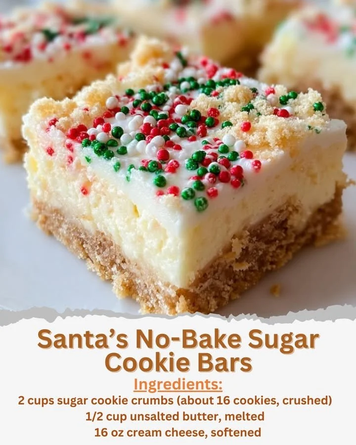 Santa's no-bake sugar cookie bars decorated with festive sprinkles