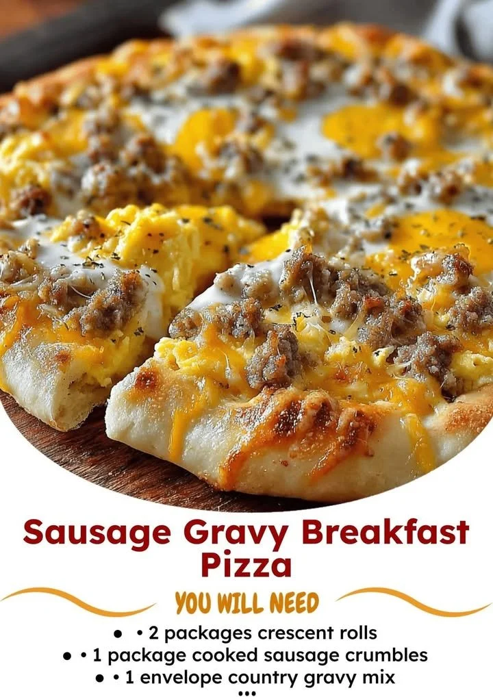 Sausage Gravy Breakfast Pizza topped with flavorful ingredients