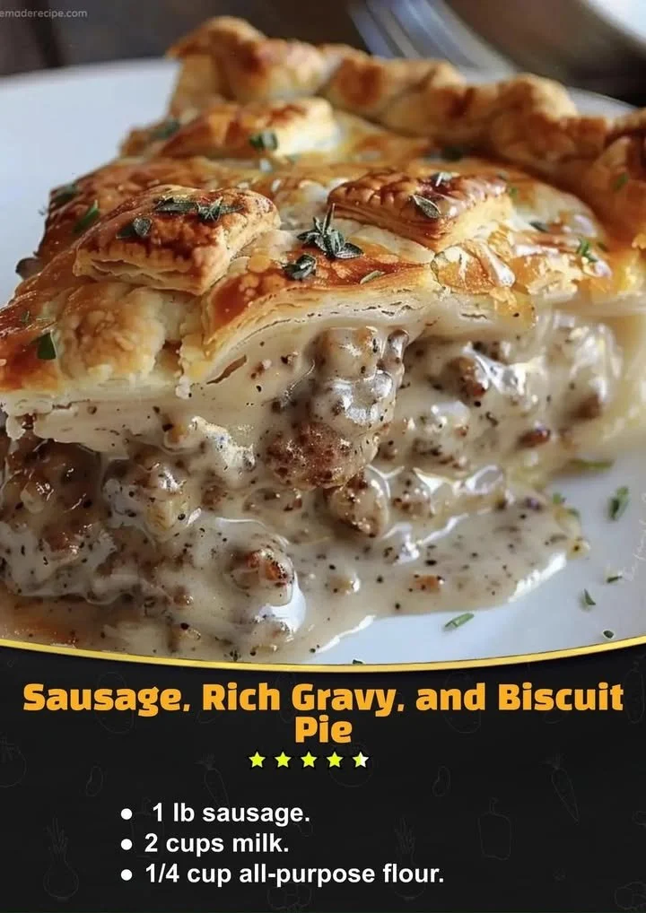 Delicious sausage and rich gravy biscuit pie served on a plate with garnish.