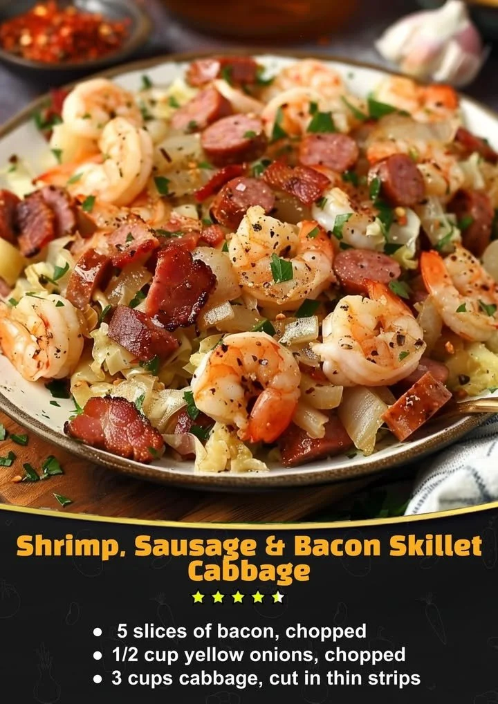 Shrimp, sausage, and bacon skillet with cabbage in a delicious medley