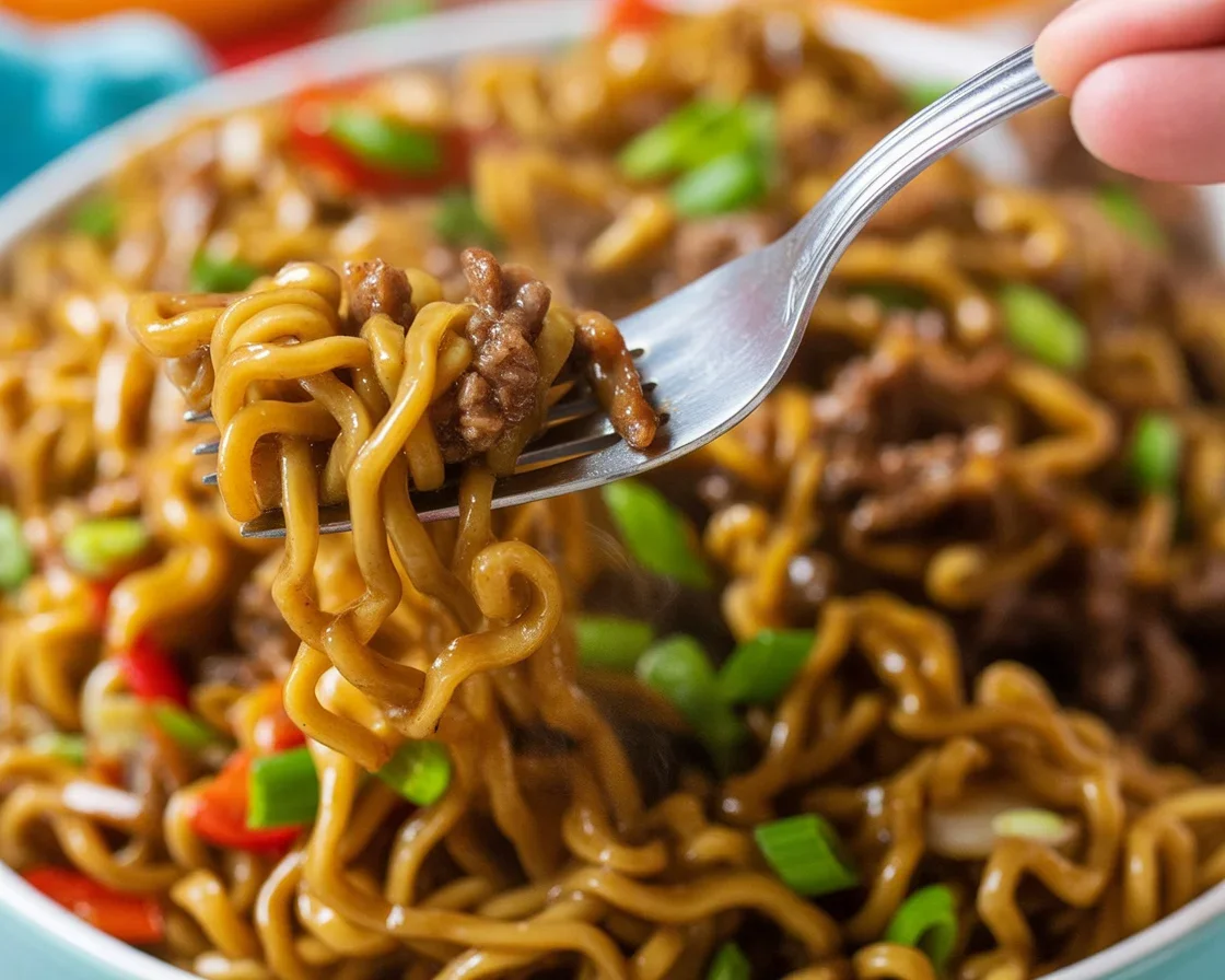 Delicious slow cooker beef ramen noodles with ground beef and fresh vegetables