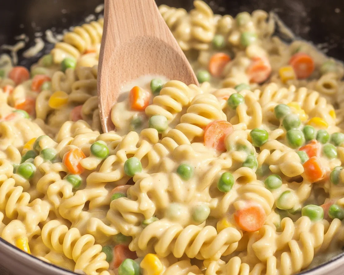 Creamy slow-cooker chicken pot pie pasta with vegetables and seasoning in a bowl.