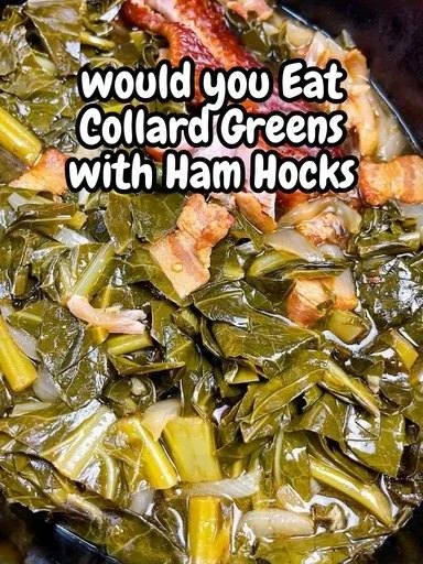Bowl of Slow Cooker Collard Greens with Ham Hocks garnished with spices