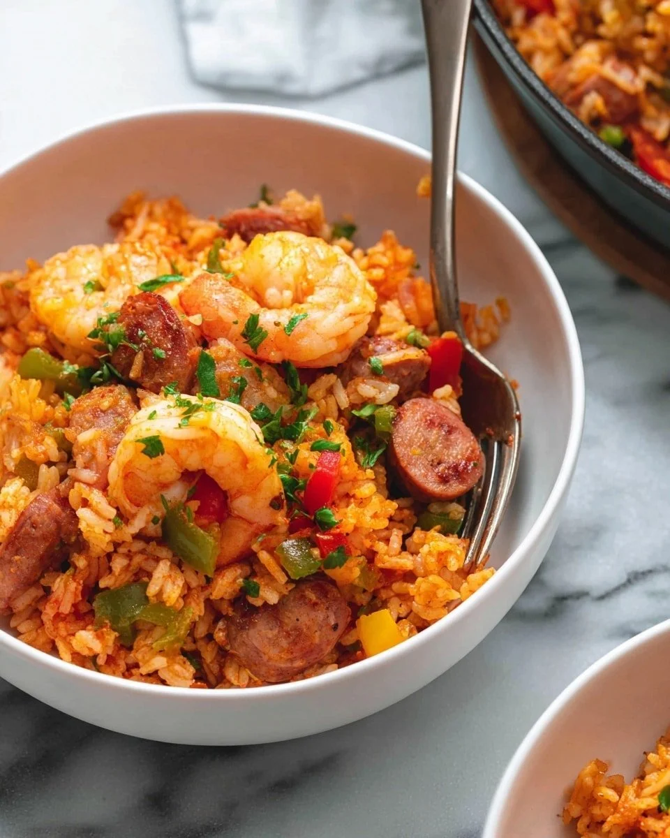 Slow cooker jambalaya cooking in a pot with shrimp, sausage, and rice