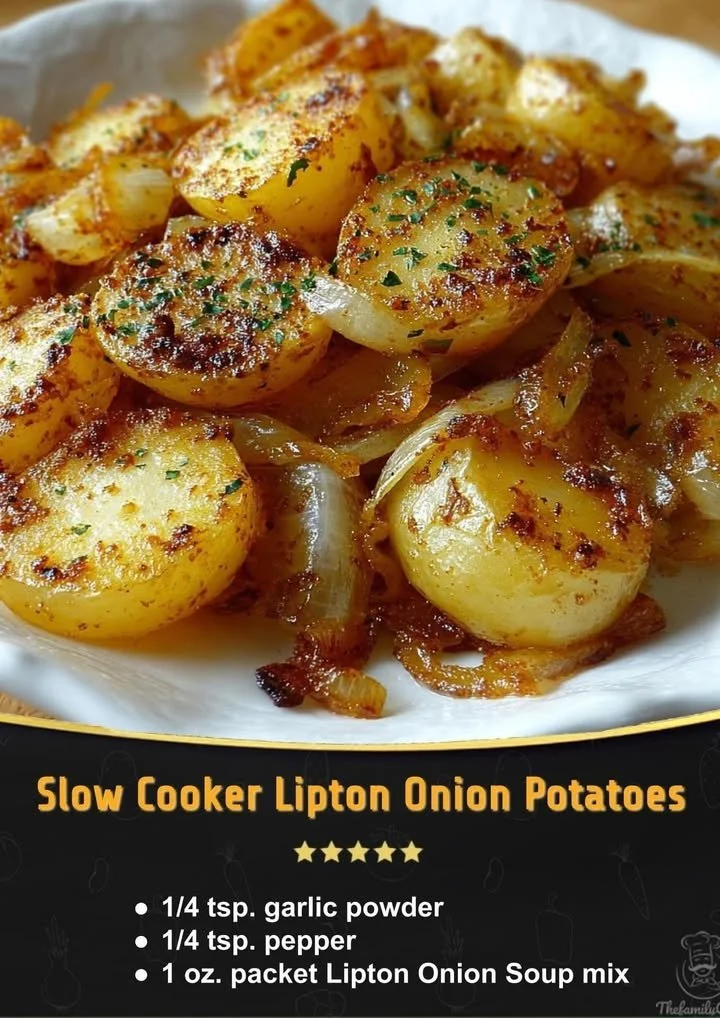 Slow Cooker Lipton Onion Potatoes garnished with herbs