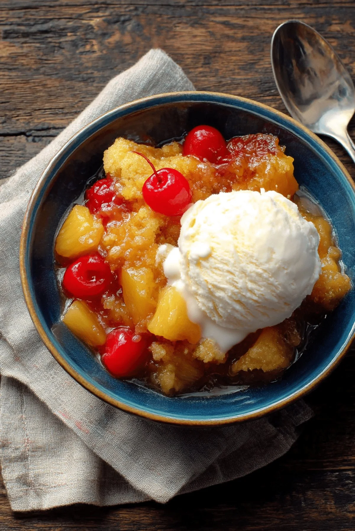 Slow-Cooker Pineapple Upside-Down Dump Cake topped with cherries and pineapple slices