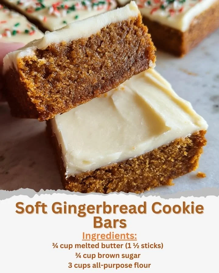 Delicious soft gingerbread cookie bars topped with icing and spices.