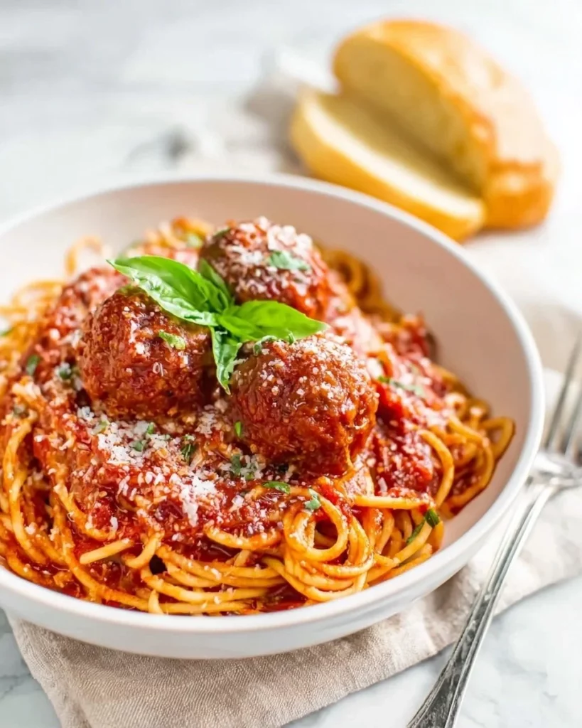 Delicious spaghetti and meatballs served with fresh basil and grated cheese