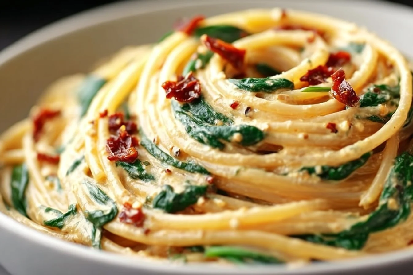 Plate of spaghetti spinach topped with creamy sun-dried tomato sauce
