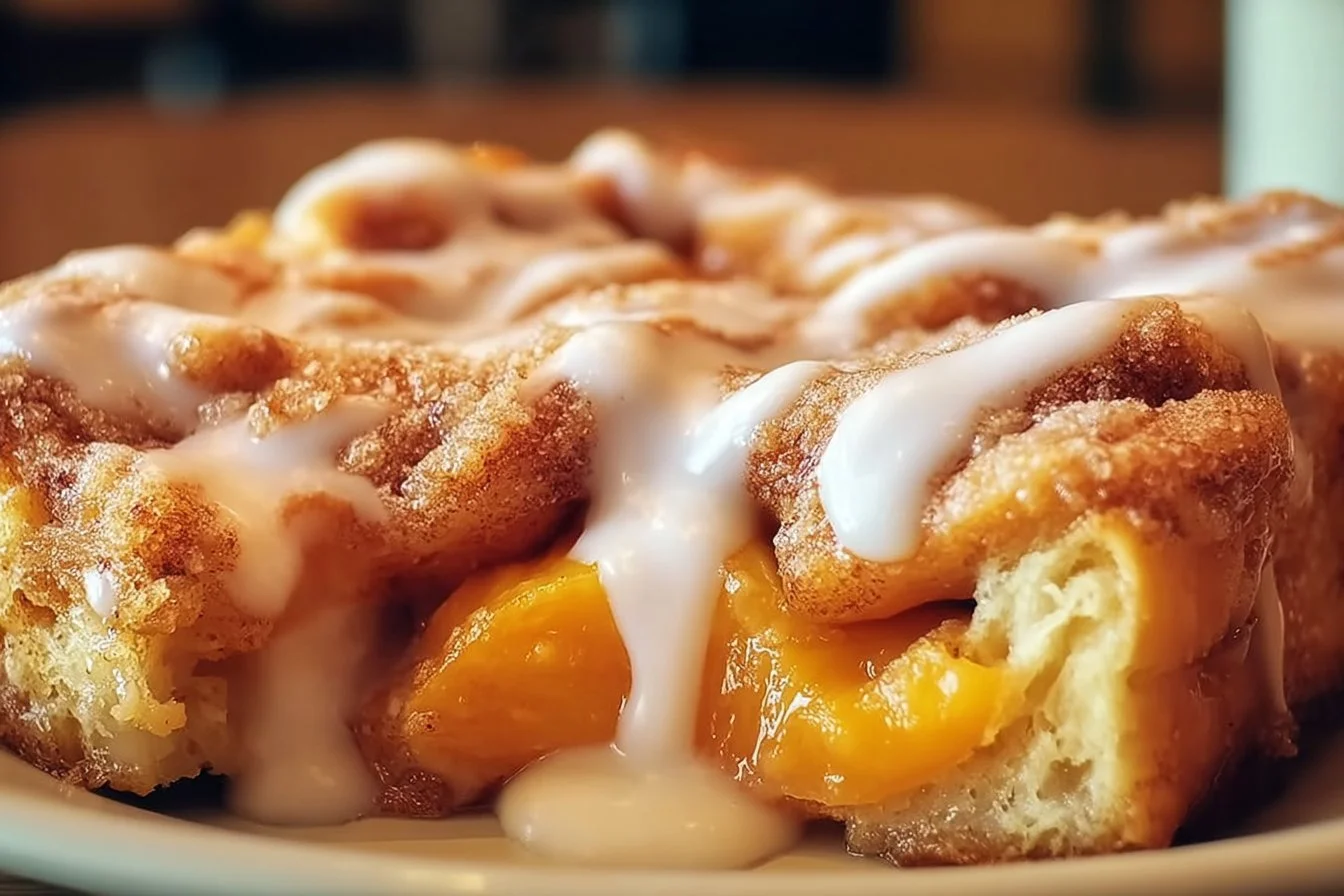 Spiced peach cobbler cinnamon rolls with a warm cinnamon glaze