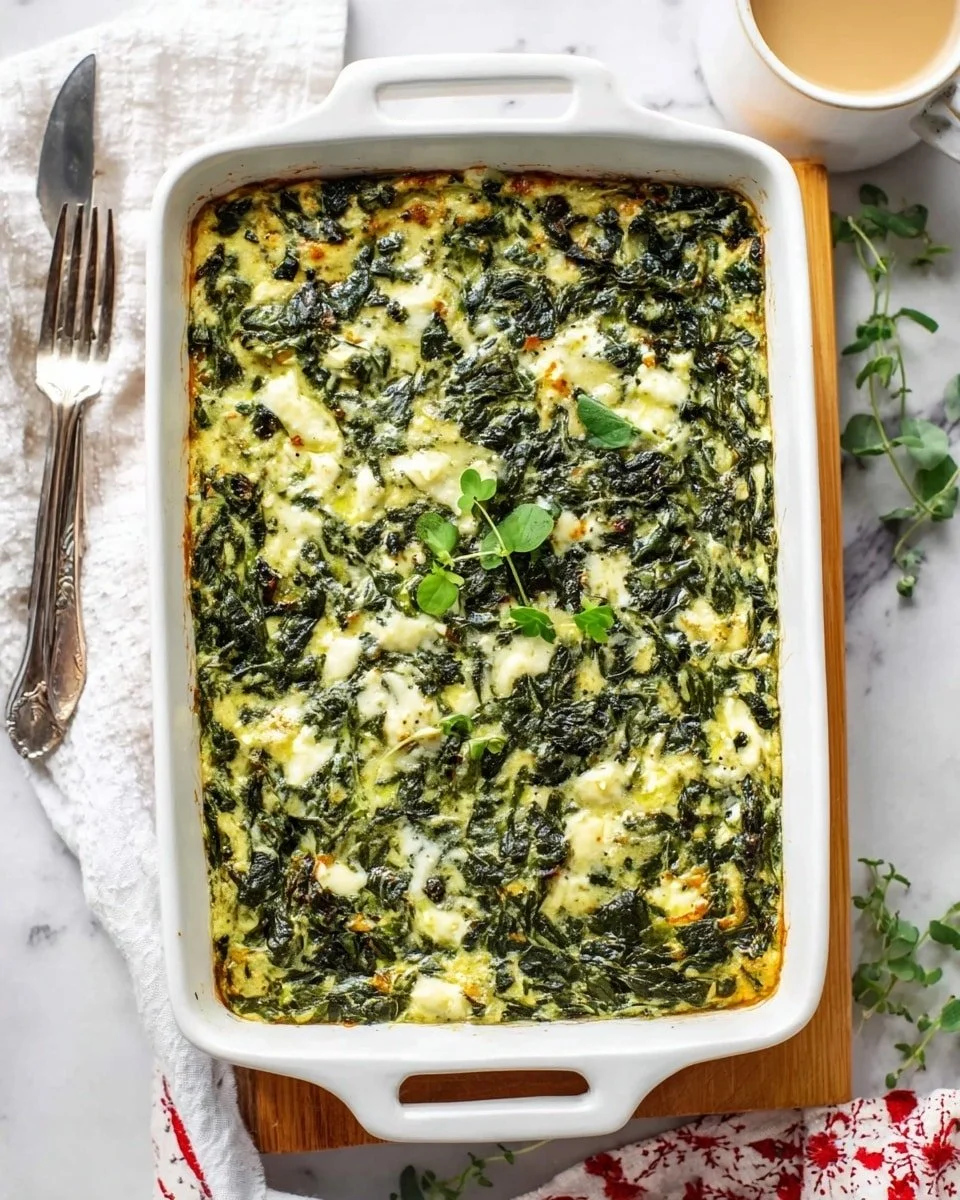 Delicious spinach casserole topped with feta and Parmesan cheese