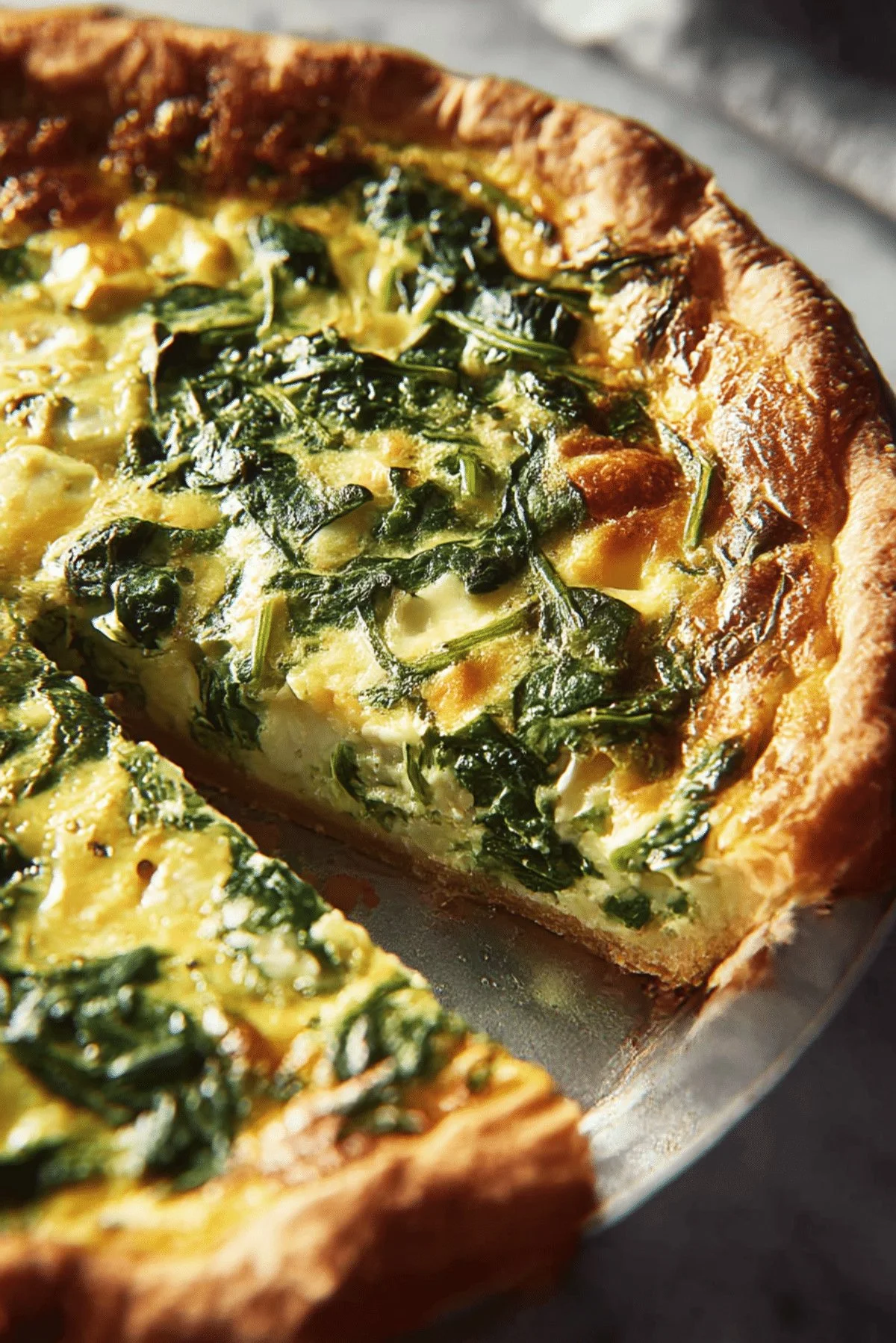 Slice of delicious spinach quiche served on a plate