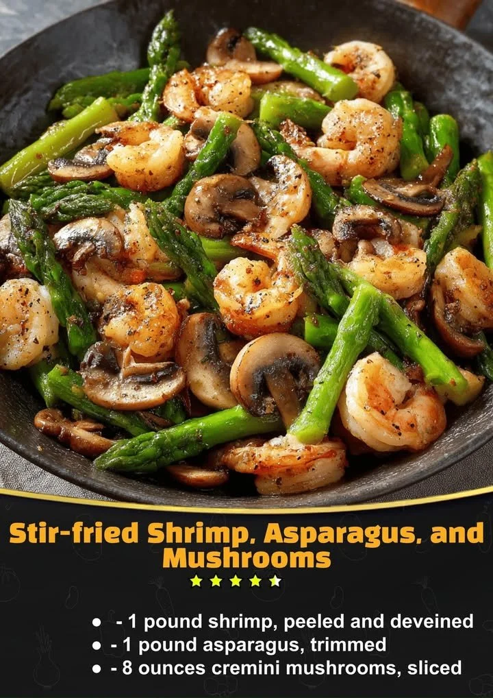 Stir-fried shrimp with asparagus and mushrooms in colorful dish