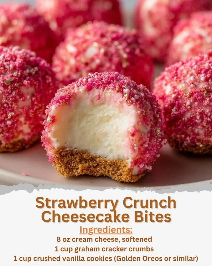Strawberry Crunch Cheesecake Bites with crunchy topping on a plate