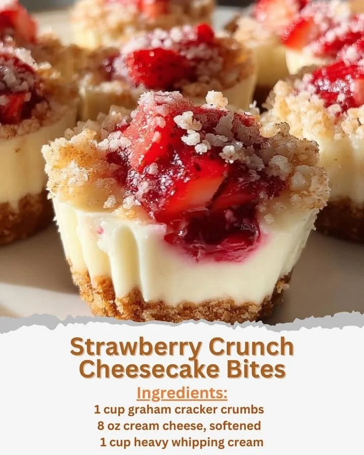 Delicious Strawberry Crunch Cheesecake Bites on a plate
