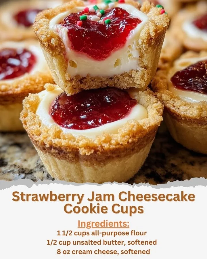 Strawberry Jam Cheesecake Cookie Cups topped with fresh strawberries and jam