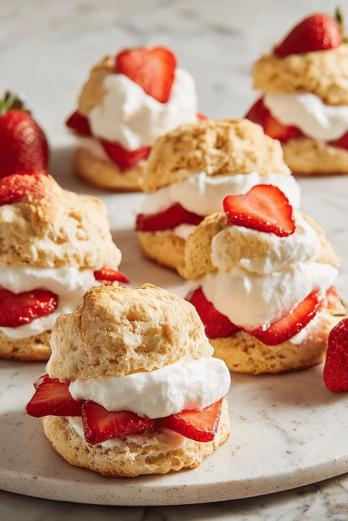 Homemade strawberry shortcake biscuits topped with fresh strawberries and whipped cream
