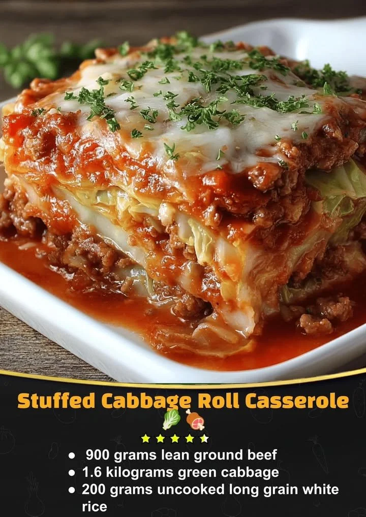 Delicious stuffed cabbage roll casserole topped with melted cheese and fresh herbs