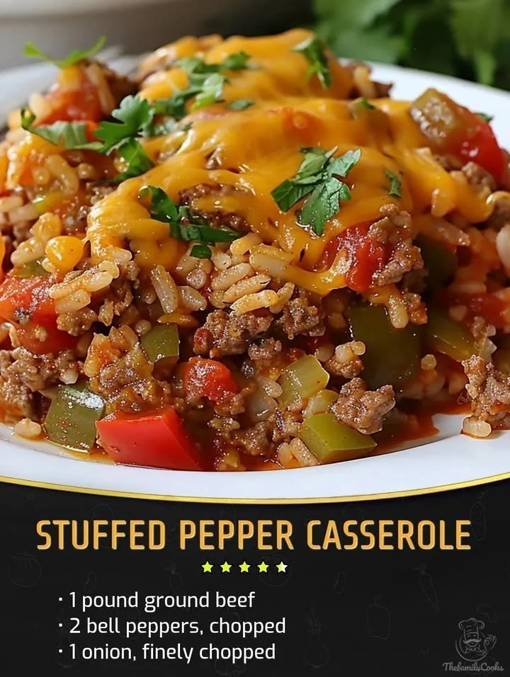 Delicious stuffed pepper casserole topped with melted cheese