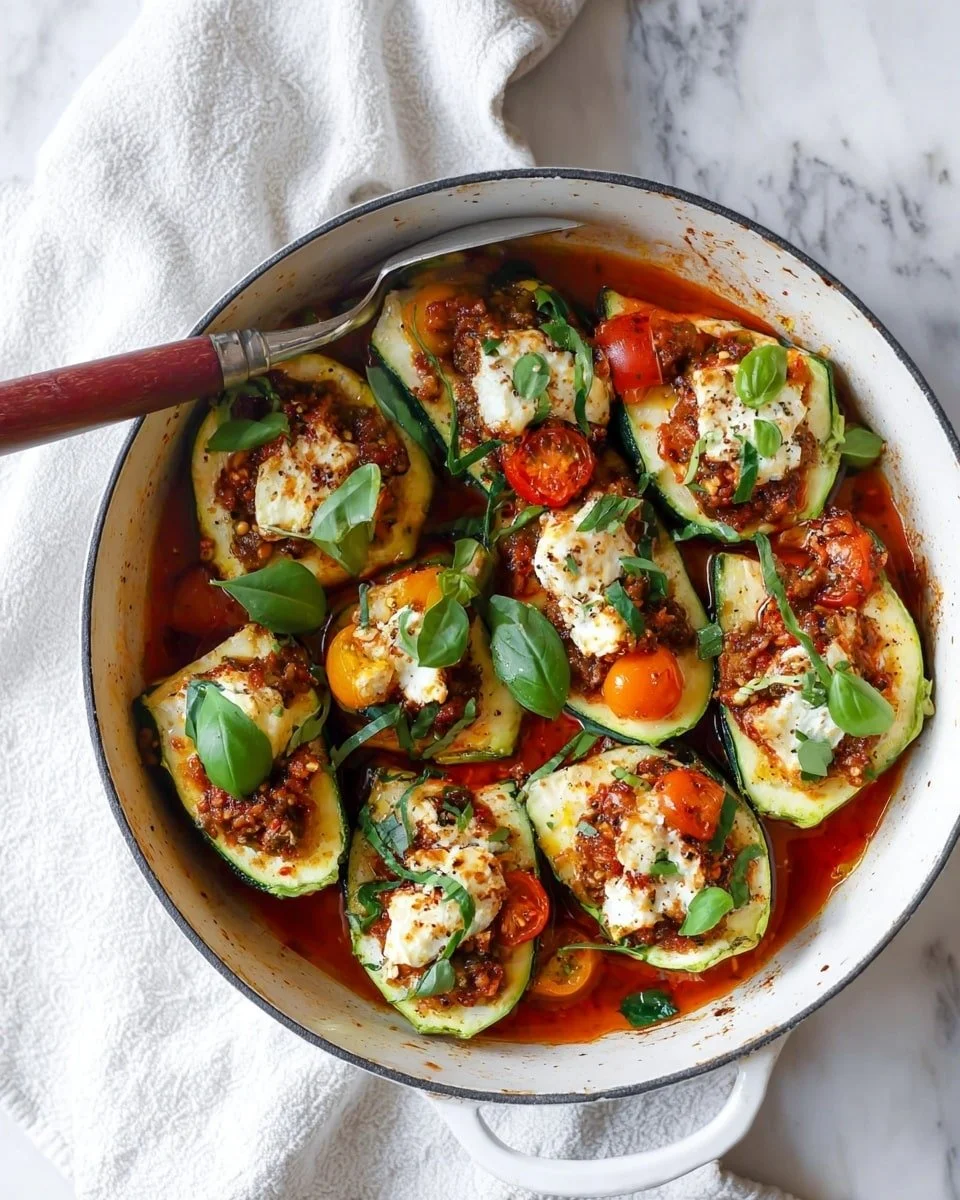 Stuffed zucchini boats with mushrooms, olives, and spinach on a plate
