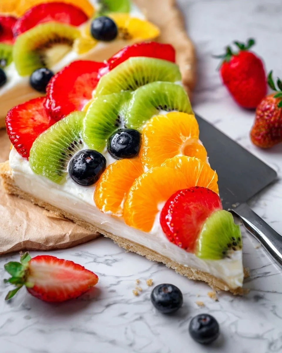 Colorful Sugar Cookie Fruit Pizza topped with fresh fruits and cream cheese frosting.