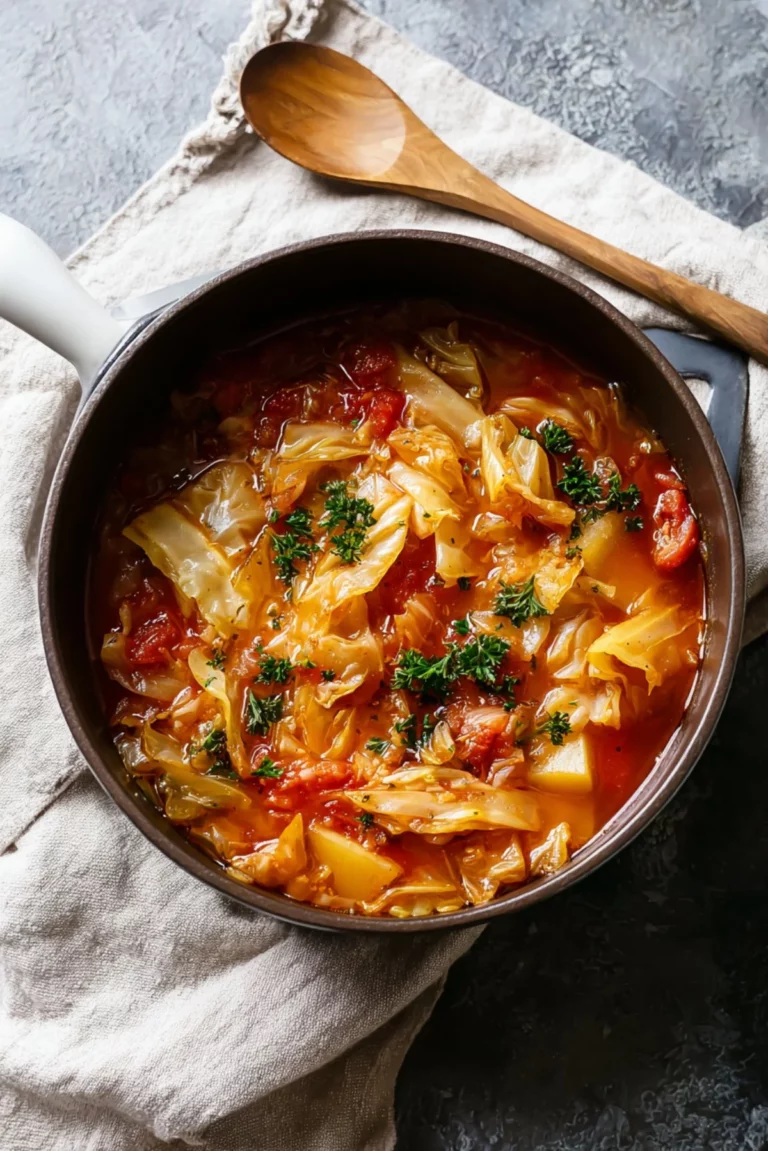 Bowl of sweet and sour cabbage soup garnished with herbs and colorful vegetables
