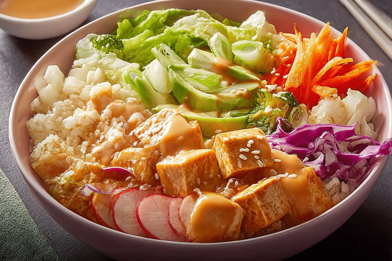 Delicious Tofu and Veggie Buddha Bowl packed with fresh ingredients