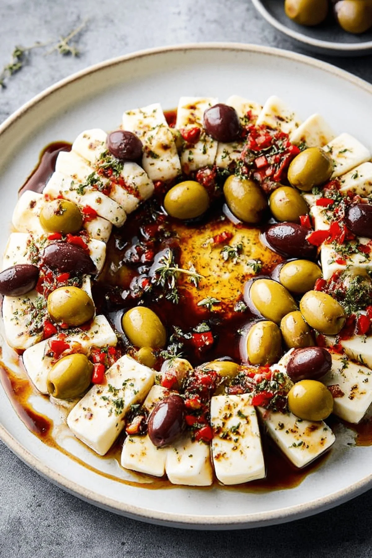 Vibrant olive cheese platter with assorted olives and specialty cheeses