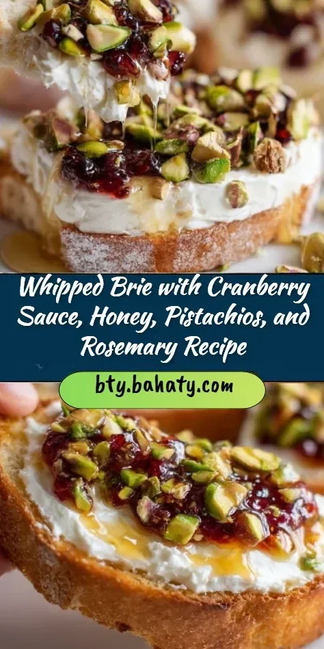 Whipped brie served with cranberry sauce, honey, pistachios, and rosemary garnish.