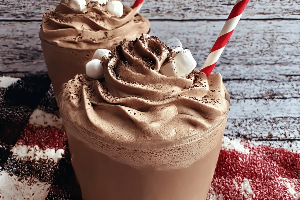 Delicious whipped hot chocolate topped with whipped cream and chocolate shavings