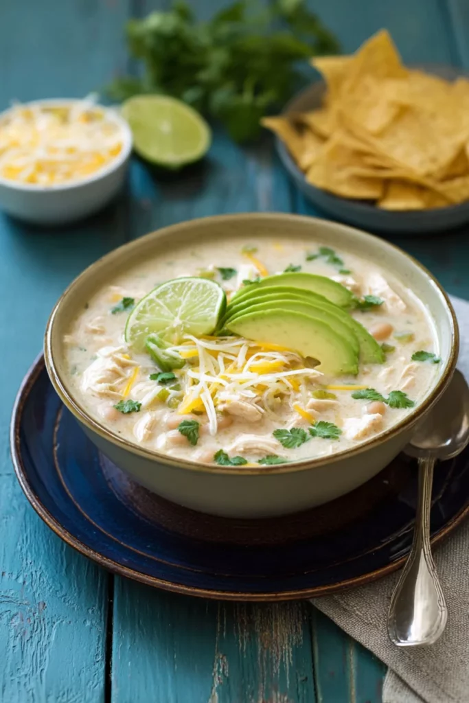 Delicious bowl of white chicken chili garnished with cilantro and lime