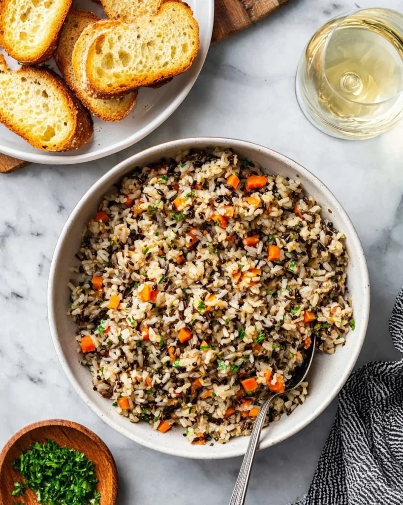 Delicious wild rice pilaf with fresh herbs and colorful vegetables