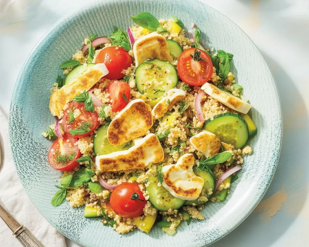 Delicious zucchini halloumi salad with couscous and lemon dressing on a white plate.