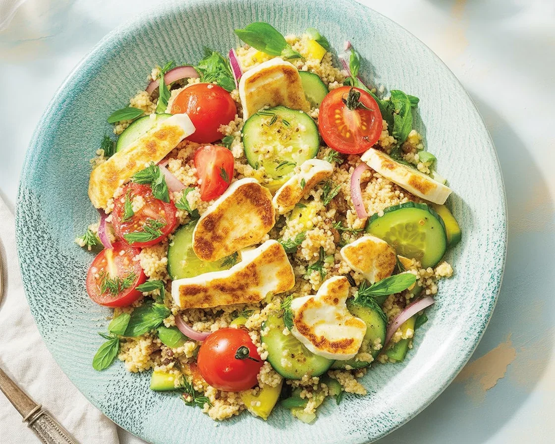 Delicious zucchini halloumi salad with couscous and lemon dressing on a white plate.