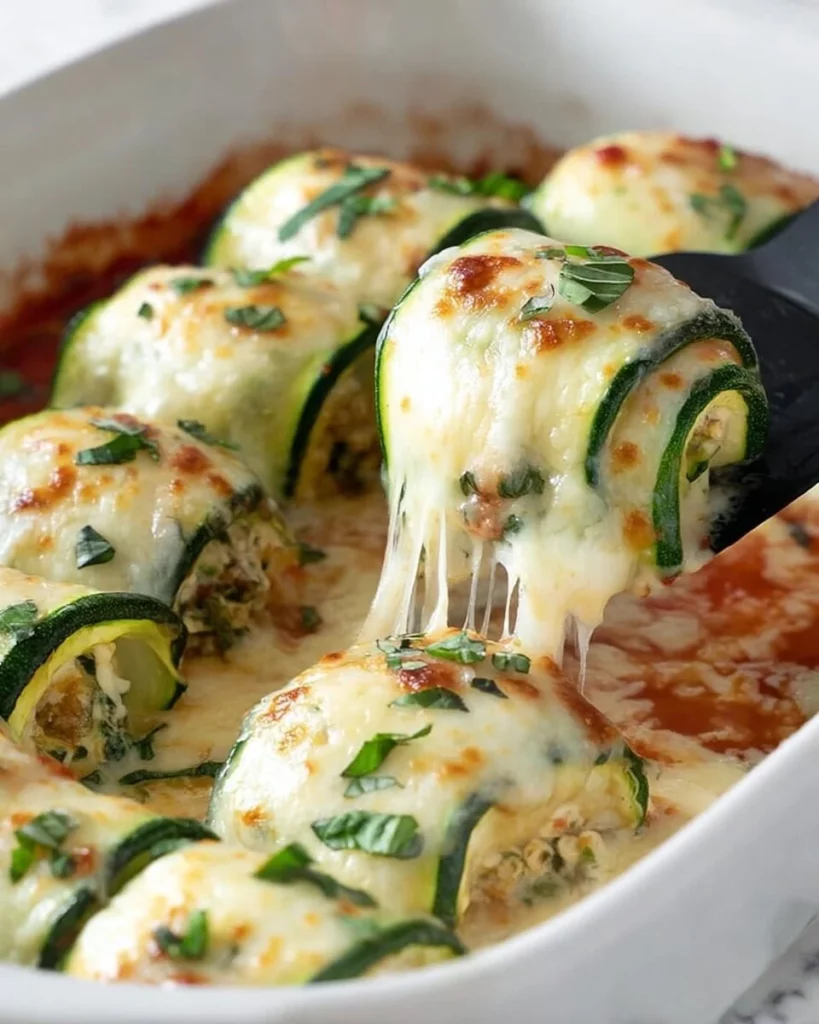 Zucchini Rollatini filled with cheese and herbs, served on a plate.