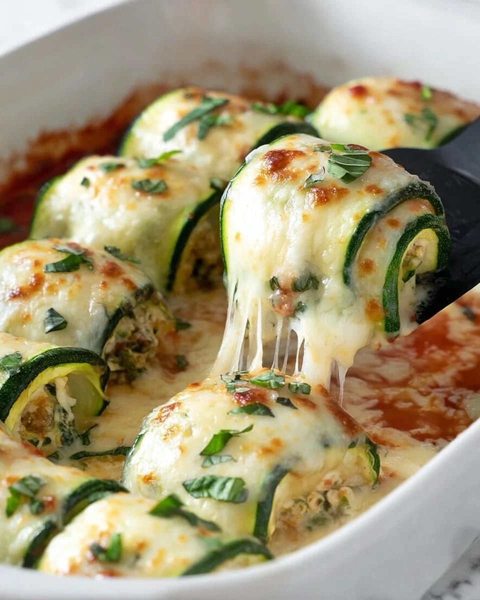 Zucchini Rollatini filled with cheese and herbs, served on a plate.