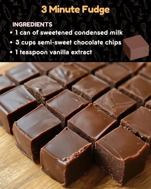Quick 3 Minute Fudge recipe ingredients and finished fudge squares