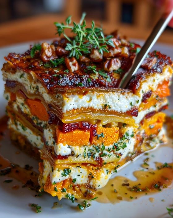 Layered Sweet Potato, Pumpkin & Carrot Lasagna with Feta, Pecans & Maple-Honey Glaze